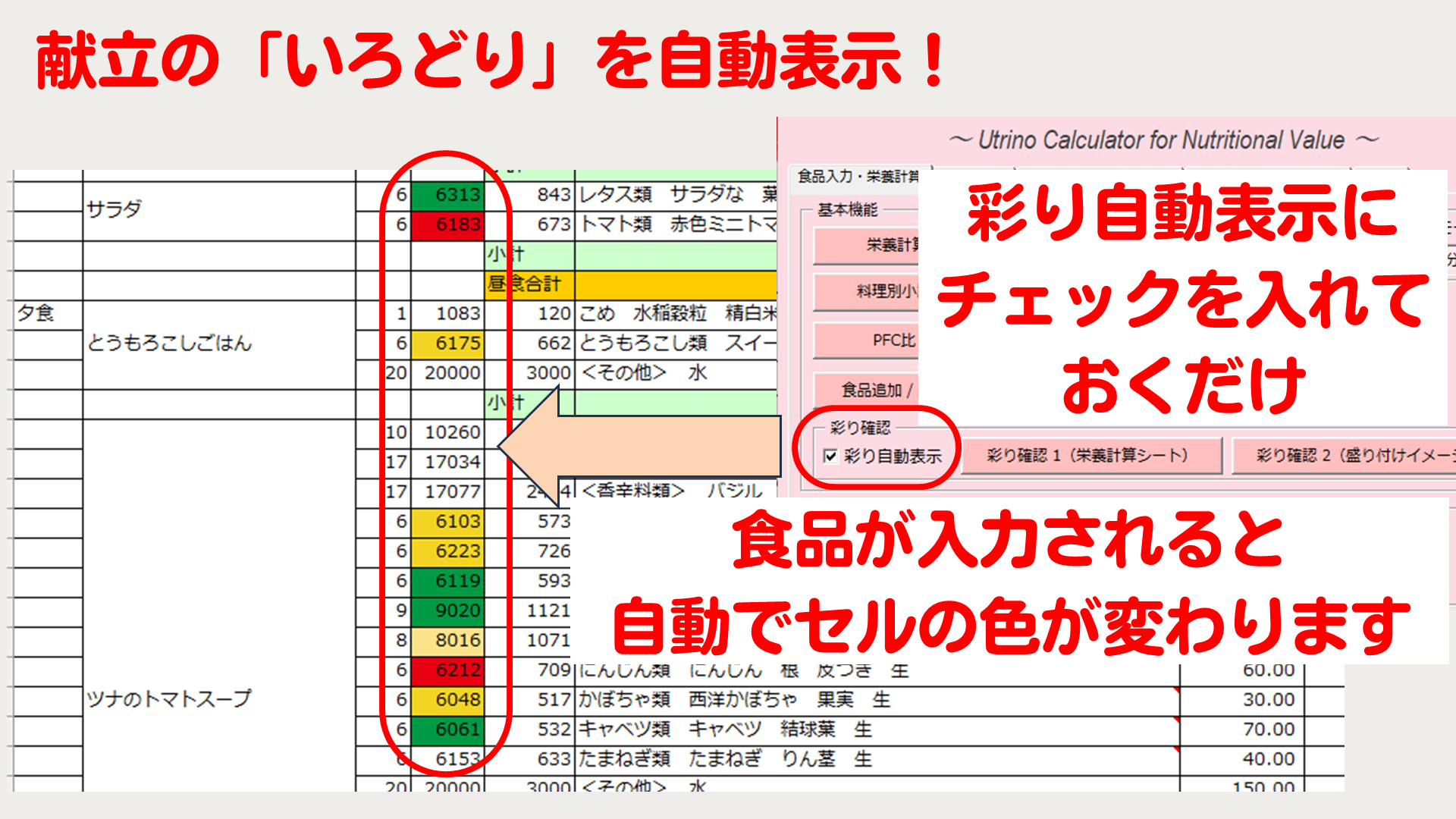献立の彩りを自動表示 - 食品入力時にセルの色が自動で変わる